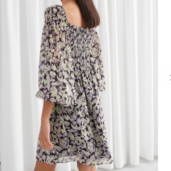& Other Stories Smocked Floral Dress Womens Size 4 Long Sleeve Mini Square Neck - Picture 14 of 14